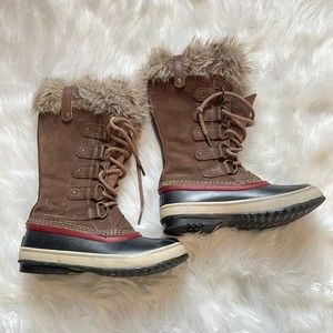 Sorel Joan of Arctic Brown Umber Red Dahlia Snow Boots Fur Women’s 6 NL2429-261